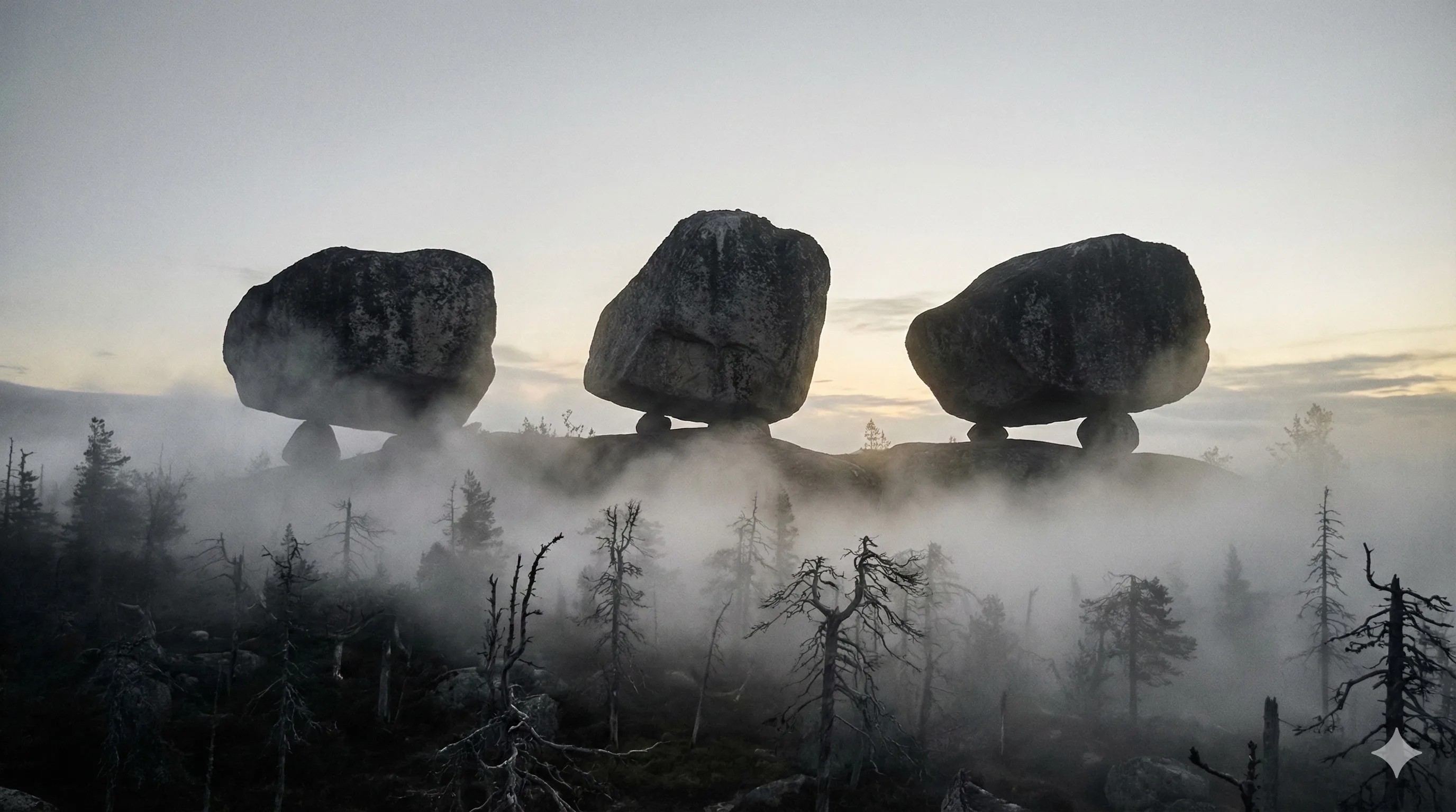 Священные сейды саамов в тумане на горе Воттоваара