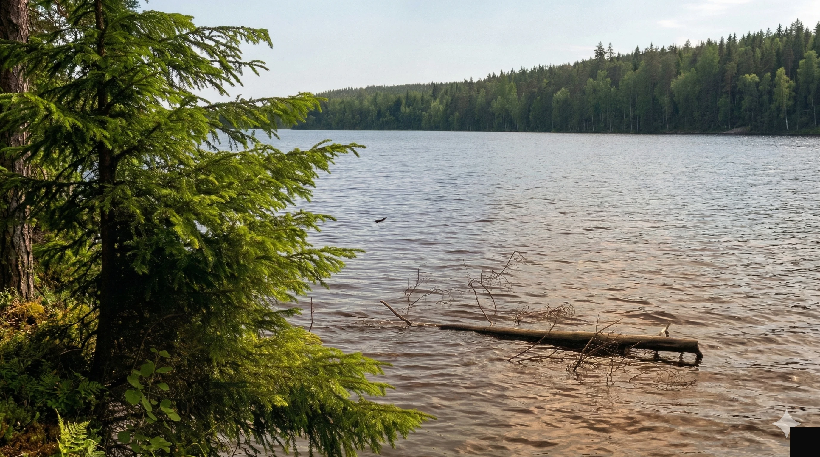 Берег озера Валлас — сосны и тёмная вода