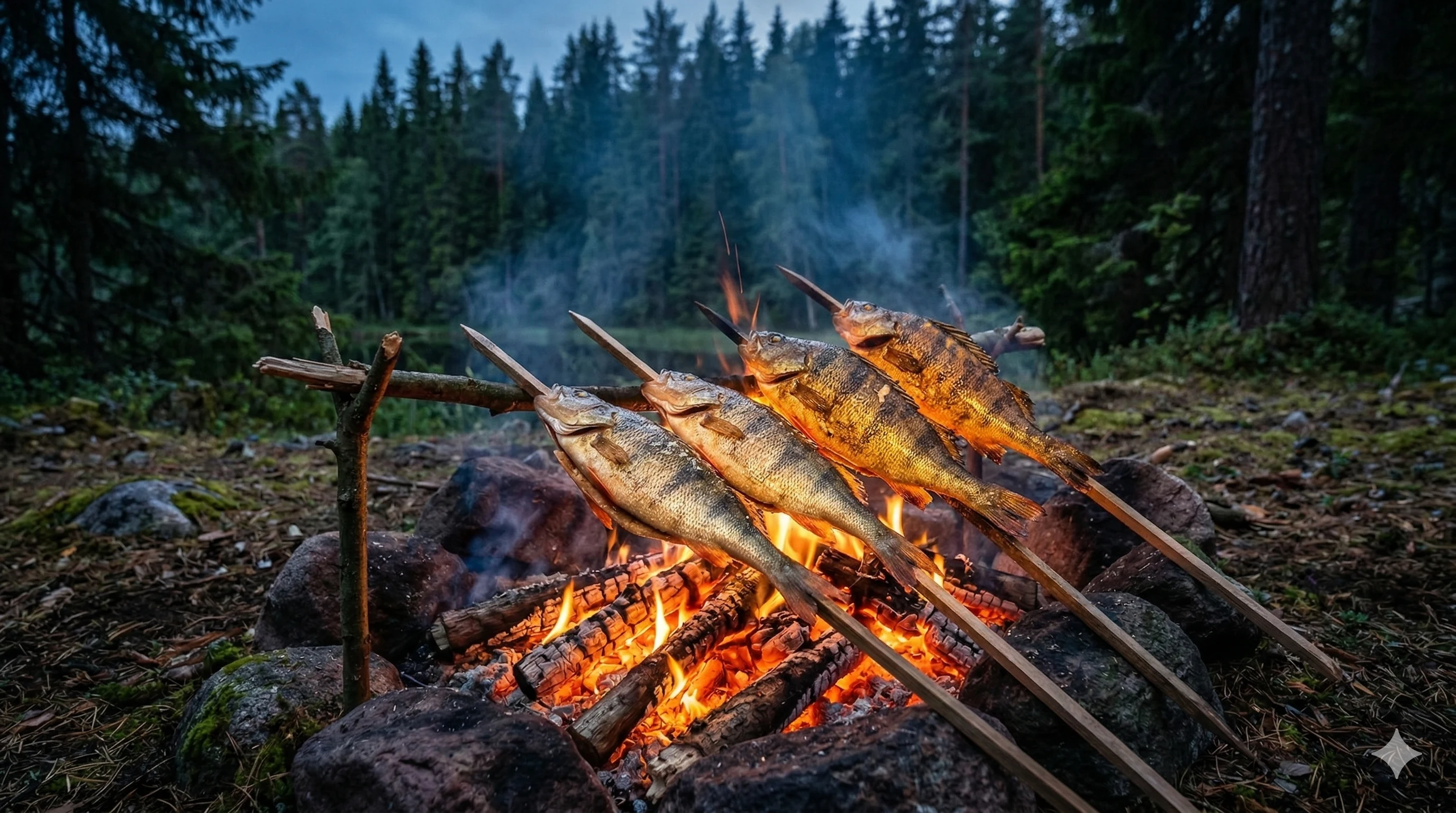 Рыба на шампурах над костром — традиция выездов на Воттоваару