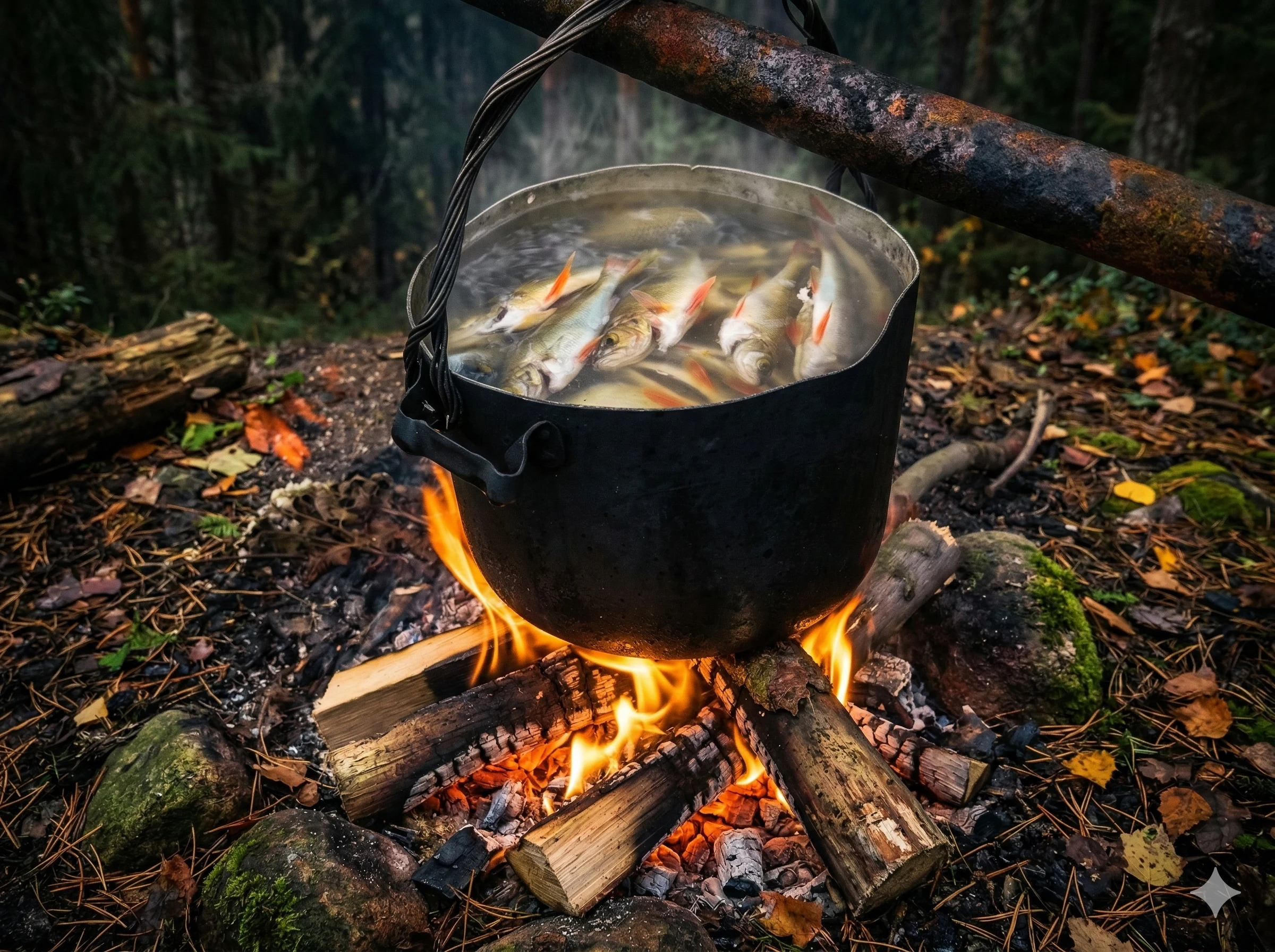 Уха из свежей рыбы в котелке на костре — карельский лес