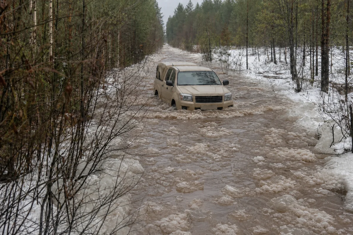 Иллюстрация вымышленного подготовленного пикапа в глубокой сезонной воде во время оттепели